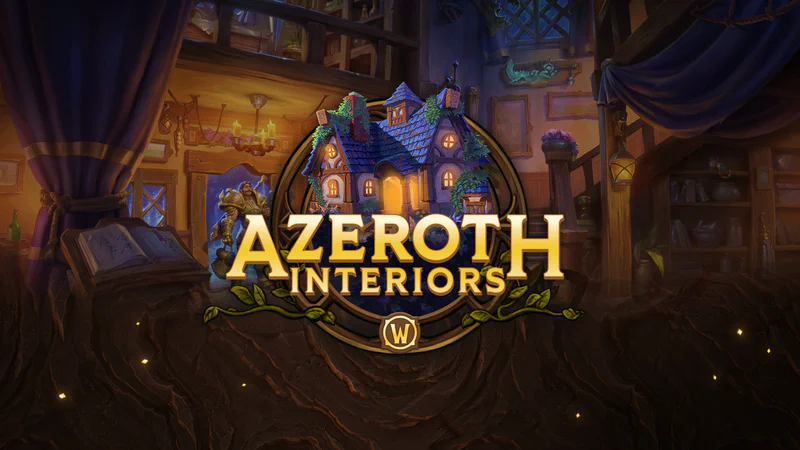 Azeroth Interiors Logo mit einem gemütlichen Haus vor dem Hintergrund einer eingerichteten Wohnstube in Azeroth