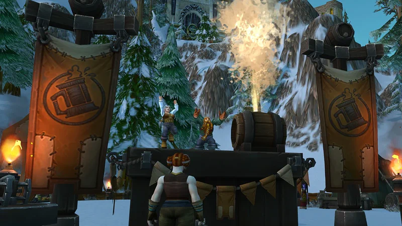 Braufestgelände mit Festzelten, Biertischen und Braumeister-Dekoration in World of Warcraft