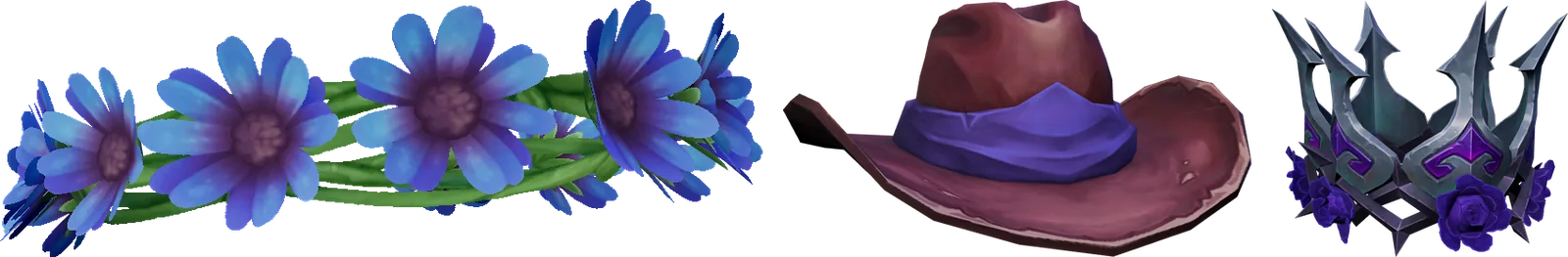 Krone aus violetten Frühlingsblumen, pflaumenroter Cowboyhut mit violettem Band und eine silberne Krone mit violetten Rosen