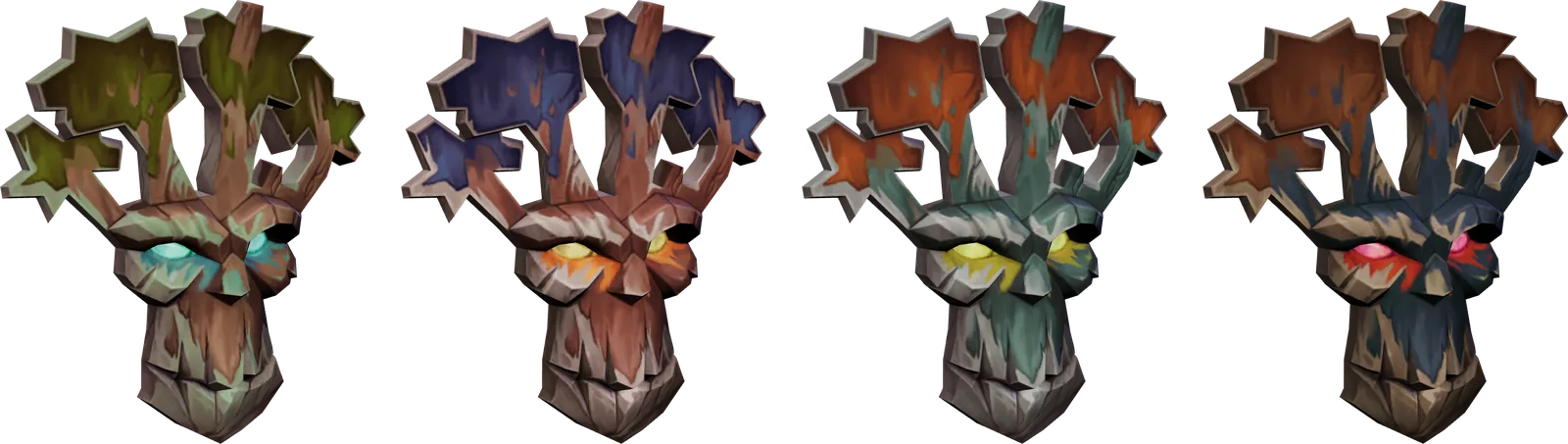 Vier bemalte Treant-Masken mit Ästen als Krone, in Olivgrün, Violett, Orange und Rot mit leuchtenden Augen