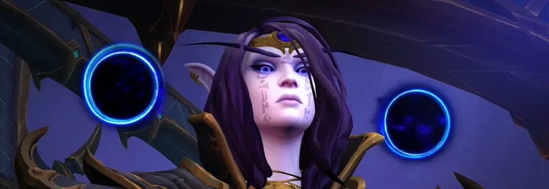 Nahaufnahme von Xal'atath mit lila Haaren, leuchtenden blauen Augen und Leerenrunen im Gesicht, flankiert von zwei schwebenden Leerensphären
