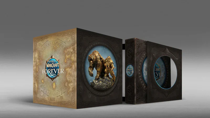 Verpackung der World of Warcraft: Forever Collector's Edition mit Statue von Zwerg und Bär im Sichtfenster