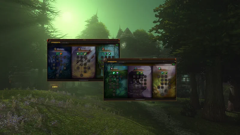 Talentfenster von Jäger und Druide in WoW Forever mit je drei Talentbäumen vor einem nebligen Wald mit Uhrturm