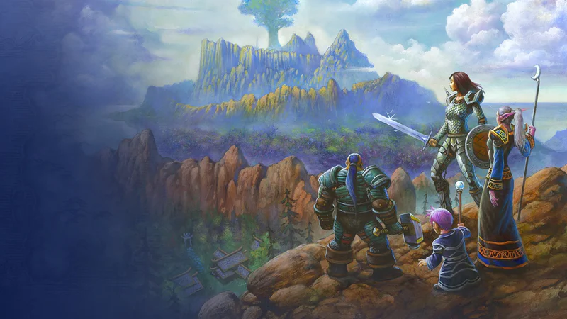 Gemalte Key-Art zu World of Warcraft: Forever mit vier Abenteurern vor dem Weltenbaum auf dem Berg Hyjal