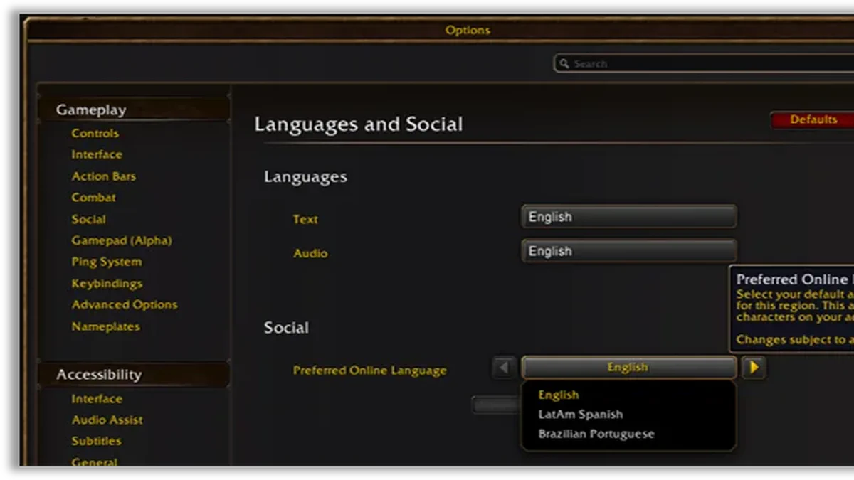 Optionen Menü für bevorzugte Online Sprache in World of Warcraft: Forever