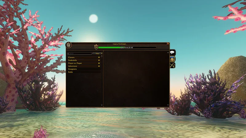 Fenster der Vermächtnisherausforderungen in WoW Forever mit 30 von 65 Punkten vor einer Korallenküste