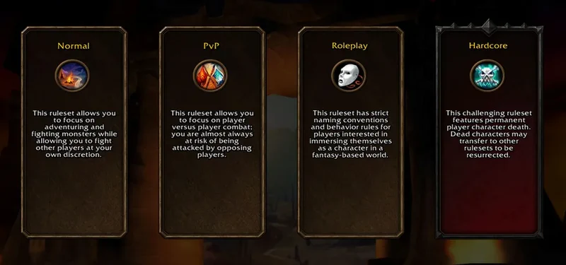 Charakterauswahl in World of Warcraft: Forever mit Regelsatz-Auswahl