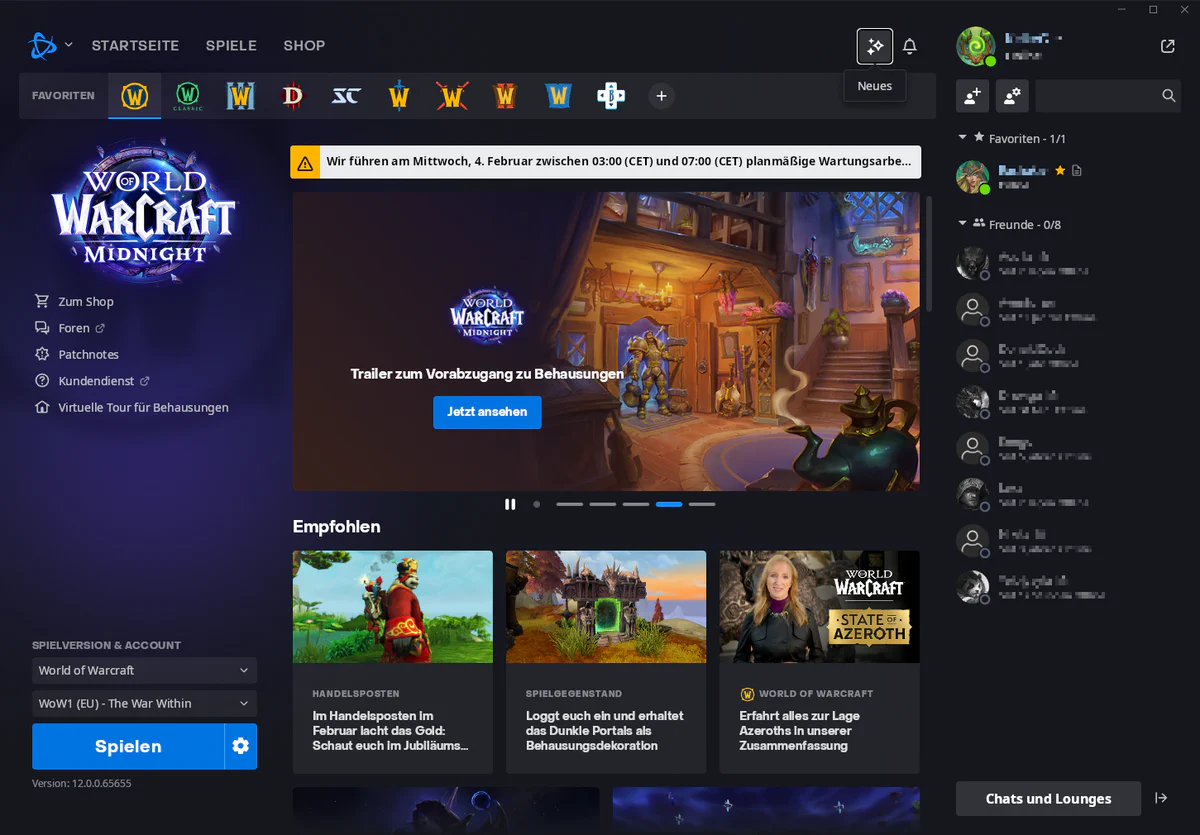 Battle.net-App mit der Startseite von World of Warcraft
