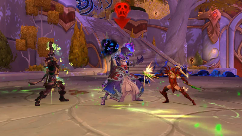 Spielfiguren und eine Blutelfenschurkin im Kampf gegen einen Gegner in einer Tiefe in World of Warcraft: Midnight